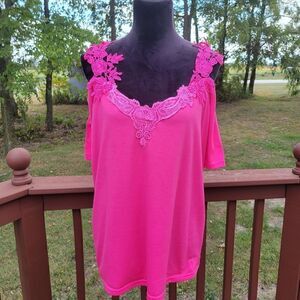 Ladies Blouse Loose V-Neck Cold Shoulder Floral Lace Trim Short Sleeve Pink XL